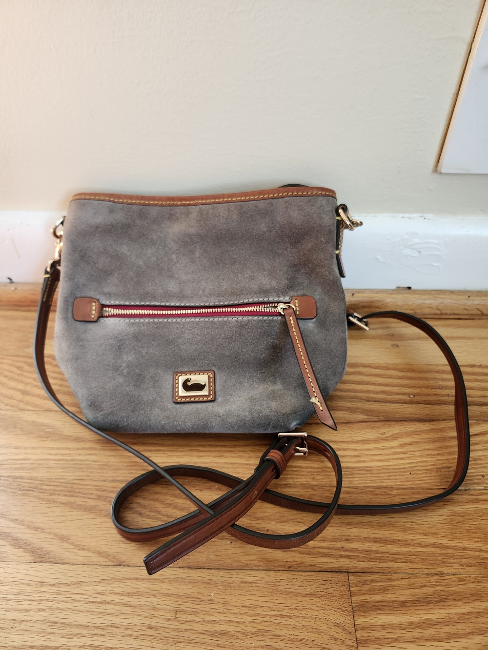 Dooney & Bourke Gray Suede Crossbody Bag with Brown Trim